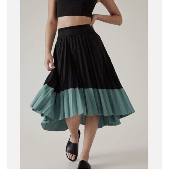 Athleta Swing Forward Pleated Midi Skirt Hi Low Colorblock Pull On Black Blue XL - Picture 1 of 6